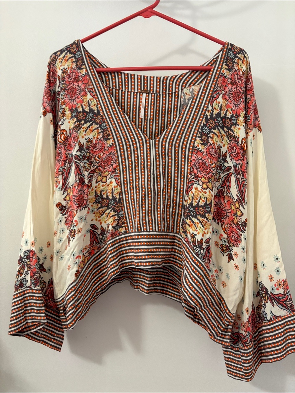 Free People Boho Floral V-Neck Women’s Top in Cream and Red